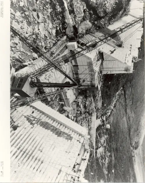 Early construction of the Avon dam wall.