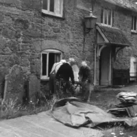 Inscribing Delabole Slates outside the Old Vestry as part of the Old Vestry restoration fund raiser