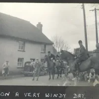 Mid-Devon foxhounds meet at Sandypark on a very windy day