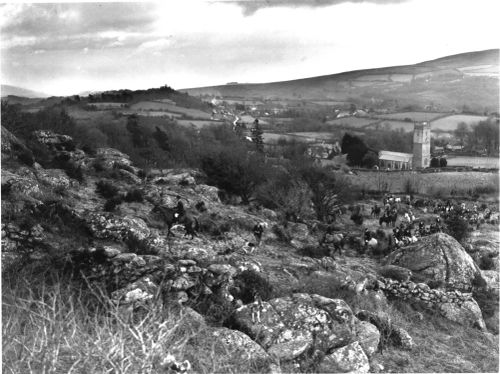 Hounds and huntsmen in the rocks above Ebworthy